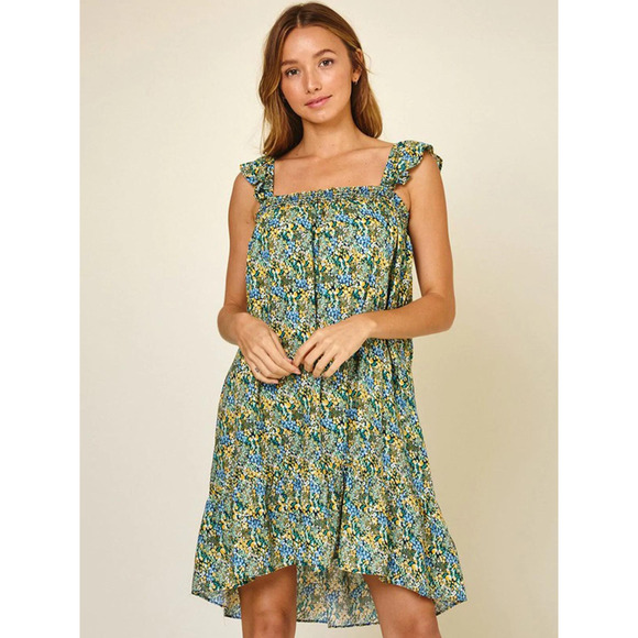 Navy Sleeveless Ruffle Smock Floral Mini Dress - Picture 2 of 4